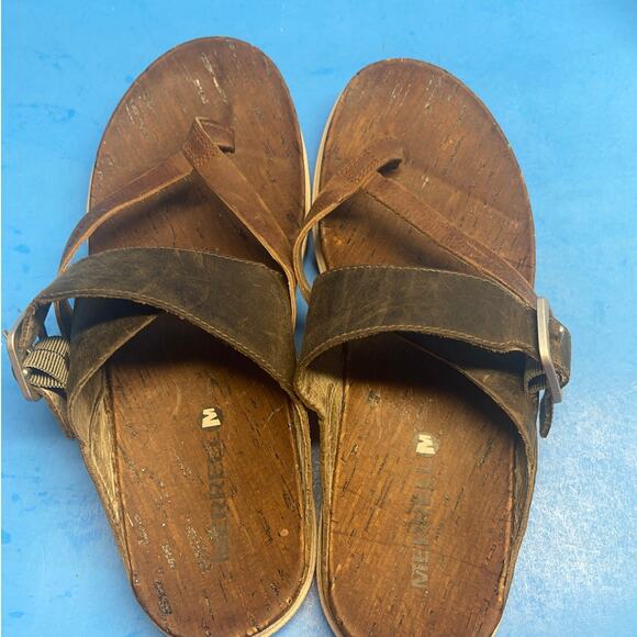 Merrell Around Town Thong Leather Sandals Women Size 8 Brown Flats Buckle Slide - Picture 9 of 10